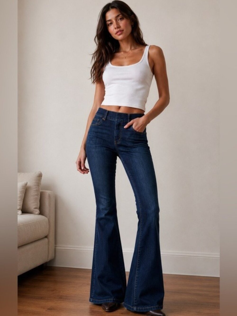 SPANX Flare Jeans Dark Wash Pull On Stretch Denim Size M Retro Y2K Boho